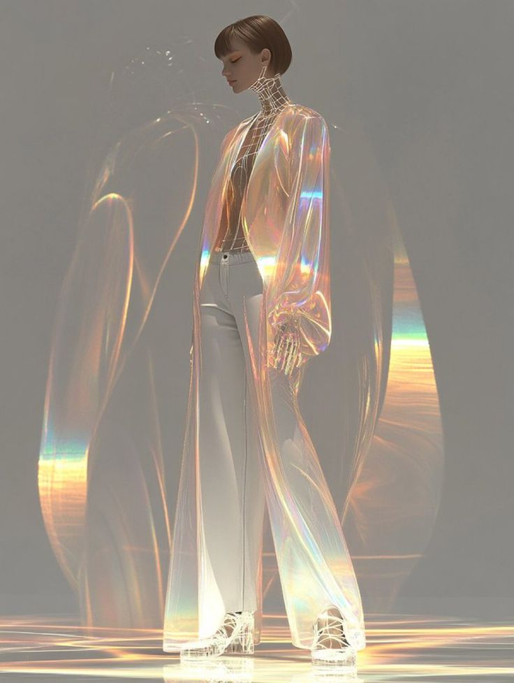 Futuristic fashion model in iridescent coat and white pants, reflecting rainbow light against a neutral background.