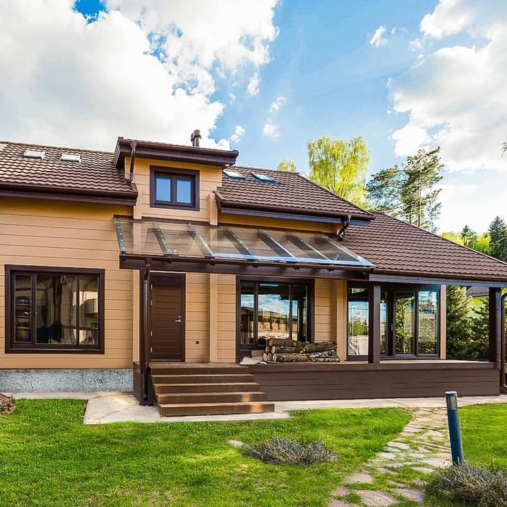 _ 2 Modern two-story wooden house with large windows, surrounded by greenery under a blue sky with clouds. | Sky Rye Design Modern two-story wooden house with large windows, surrounded by greenery under a blue sky with clouds.