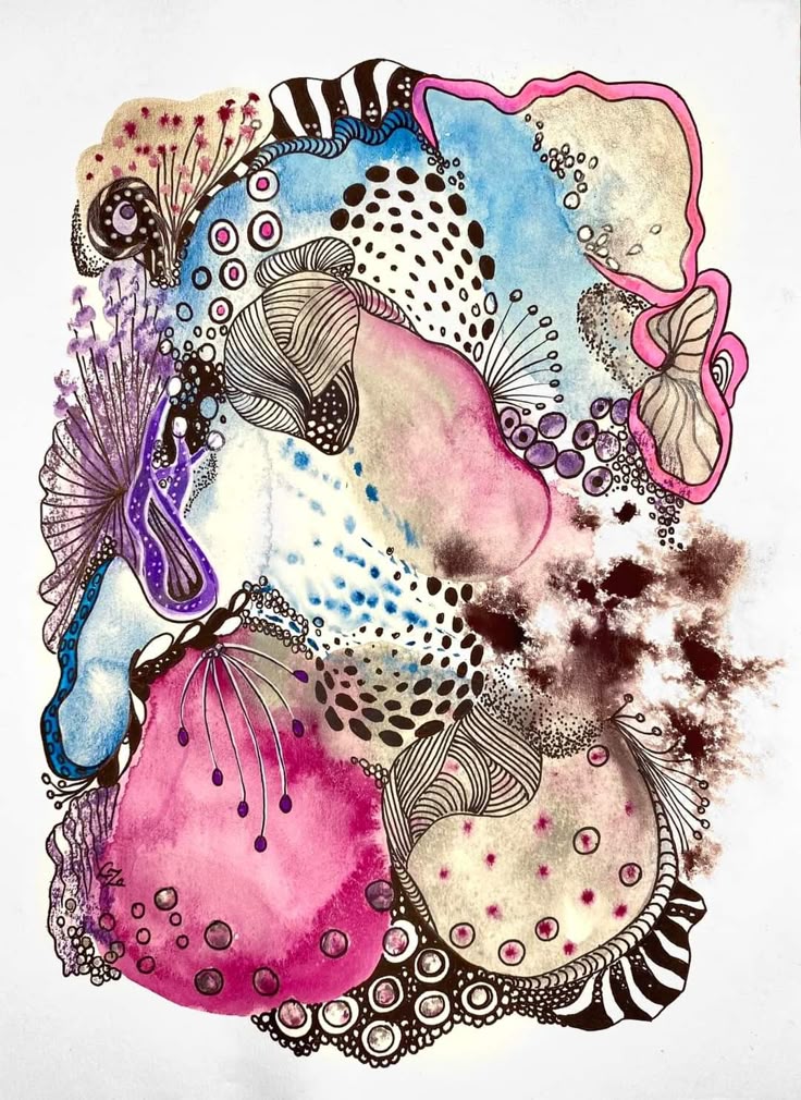 Abstract watercolor illustration with intricate patterns, vibrant pinks, blues, and dots creating a dynamic visual.