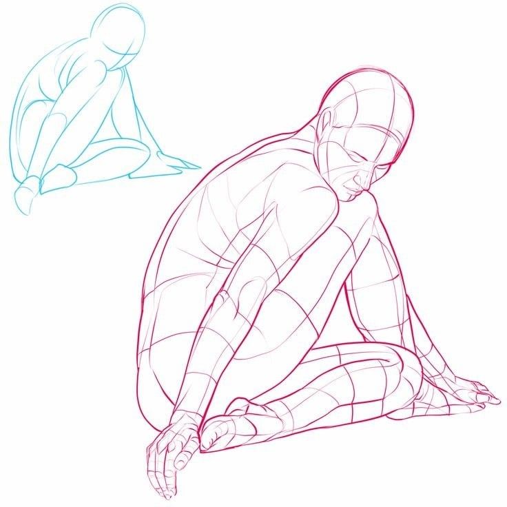 Sketch of a seated human figure in two poses, highlighting anatomy and posture for drawing practice.