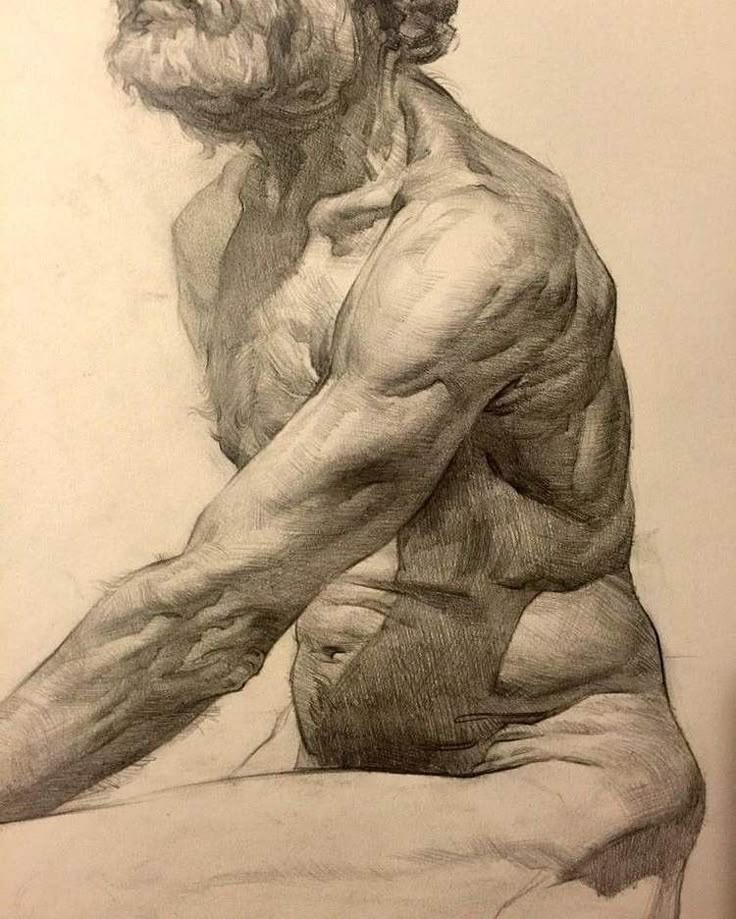Pencil sketch of an elderly, muscular man seated, showcasing detailed anatomy and aged skin texture.