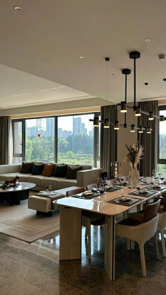 _ 2 Modern dining and living area with large windows, elegant lighting, and stylish furniture overlooking a cityscape. | Sky Rye Design Modern dining and living area with large windows, elegant lighting, and stylish furniture overlooking a cityscape.