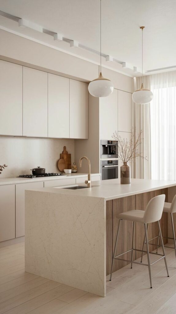 _ 2 Modern kitchen with beige cabinets, marble island, and pendant lights, featuring sleek appliances and minimalist decor. | Sky Rye Design Modern kitchen with beige cabinets, marble island, and pendant lights, featuring sleek appliances and minimalist decor.