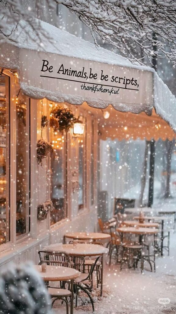 _ 2 Snowy outdoor café scene with tables, chairs, and snow-covered awning. Warm lighting creates a cozy ambiance. | Sky Rye Design Snowy outdoor café scene with tables, chairs, and snow-covered awning. Warm lighting creates a cozy ambiance.