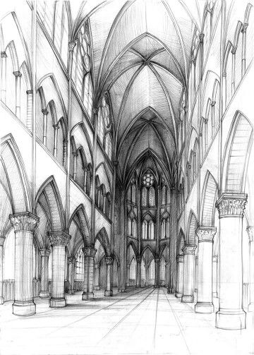 Sketch of a Gothic cathedral interior, featuring pointed arches, ribbed vaults, and tall columns.