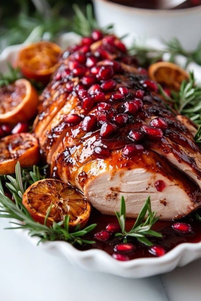 Roasted turkey breast with pomegranate glaze, garnished with rosemary and sliced oranges on a white platter.
