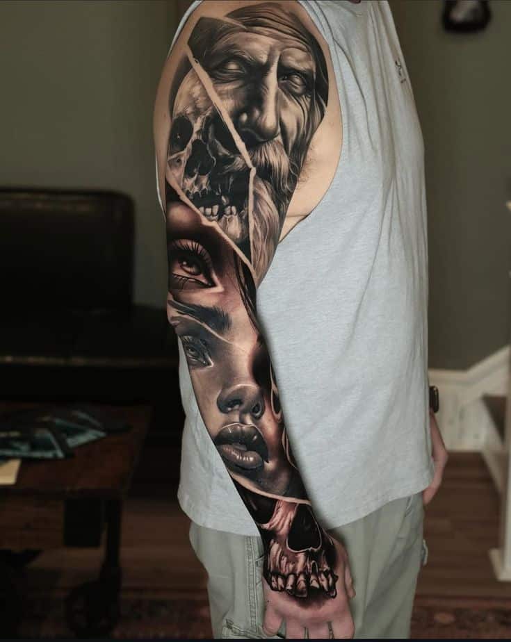 Detailed sleeve tattoo featuring portraits, skull, and artistic elements on a man's arm in white tank top.
