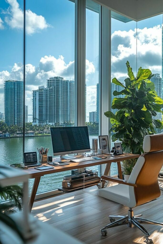 Modern office with city and water view, featuring large windows, desk, computer, chair, and potted plant.