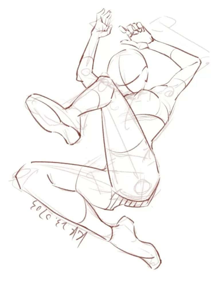 Dynamic sketch of a person in mid-air pose, capturing action and movement from a unique perspective.