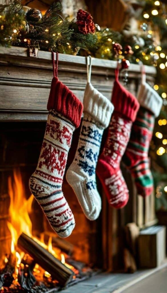 _ 20 Cozy Christmas fireplace with four festive stockings hung over the mantle and glowing lights. | Sky Rye Design Cozy Christmas fireplace with four festive stockings hung over the mantle and glowing lights.