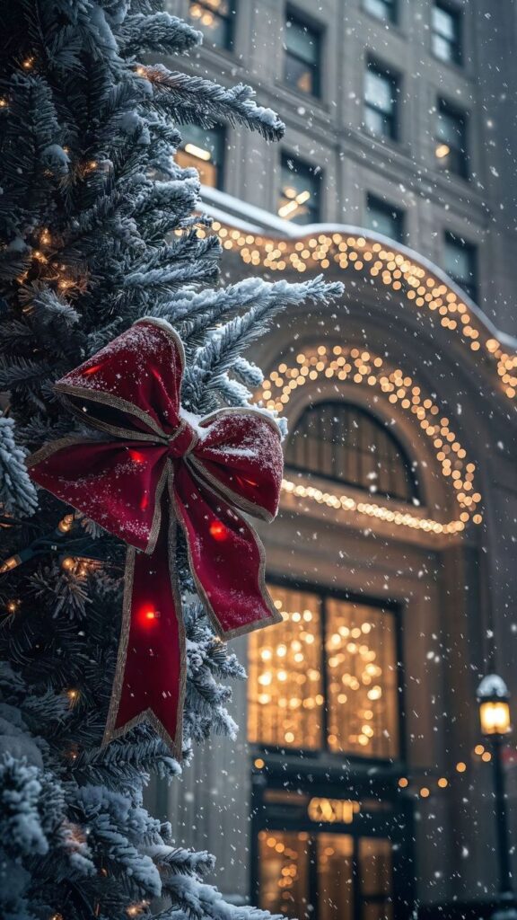 _ 20 Snowy Christmas tree with red bow and lights in front of lit building during snowfall. | Sky Rye Design Snowy Christmas tree with red bow and lights in front of lit building during snowfall.