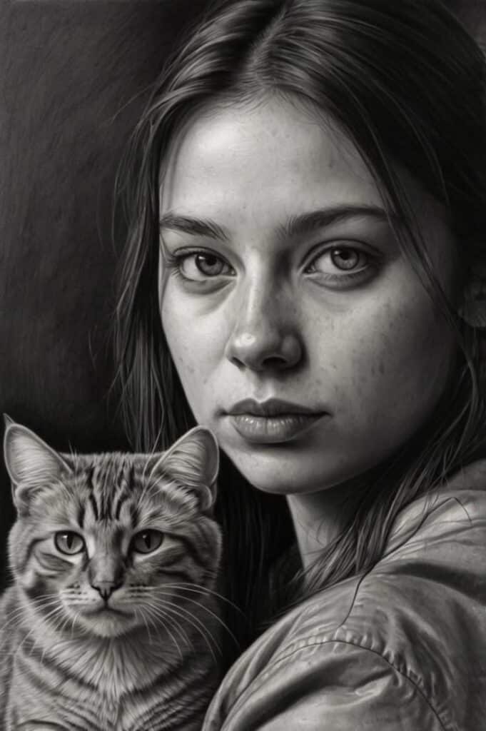 Black and white portrait of a woman with a cat; both gazing directly at the camera.