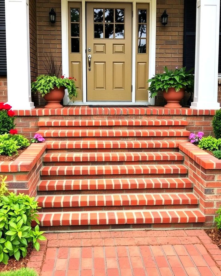 20 Brick Front Steps Design Ideas for Every Style Brick steps leading to a decorative front door with potted plants and vibrant green foliage. | Sky Rye Design Brick steps leading to a decorative front door with potted plants and vibrant green foliage.
