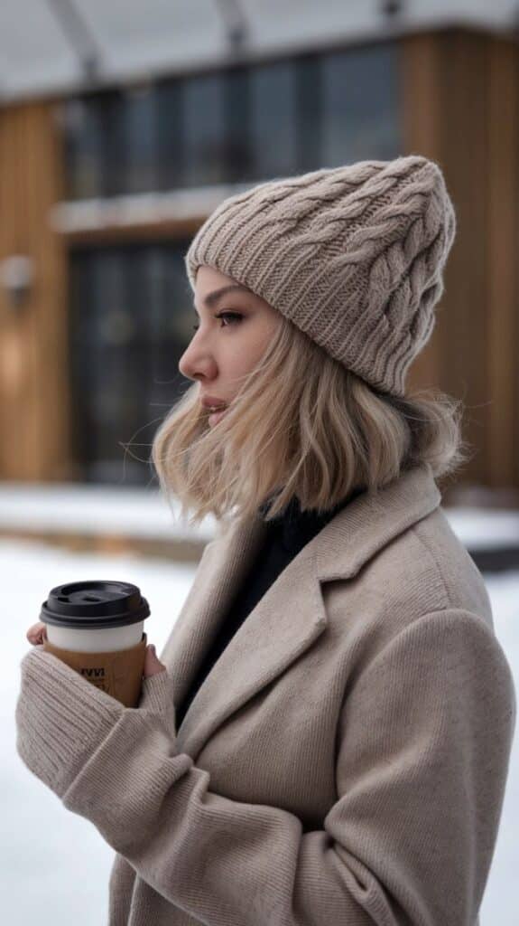 Woman in cozy beige coat and knit beanie holding coffee outside in snowy urban setting.
