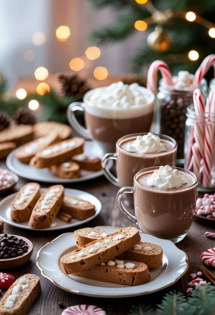 Hot chocolate with whipped cream, biscotti, and candy canes on a festive table with holiday lights and decorations.