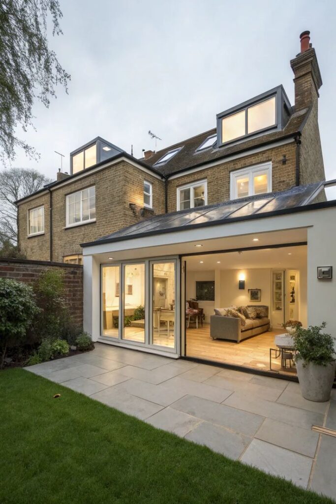 20+ Inspiring Rear House Extension Ideas Gallery Modern home extension with large glass doors, cozy interior, and spacious patio. Evening view of stylish living space. | Sky Rye Design Modern home extension with large glass doors, cozy interior, and spacious patio. Evening view of stylish living space.