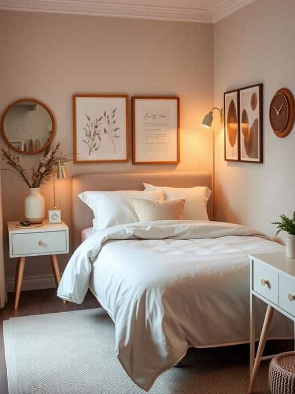 Cozy bedroom with modern decor, soft lighting, and stylish artwork, featuring a comfortable bed and wooden furniture.