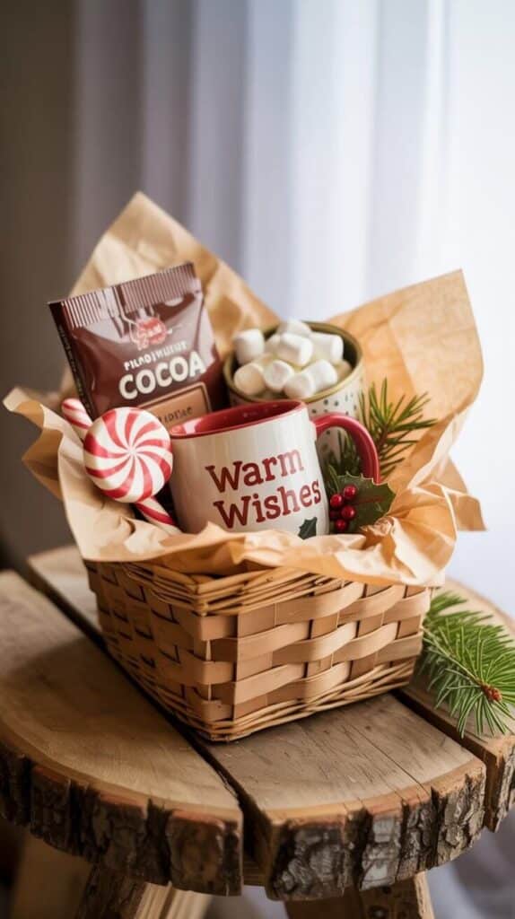 20 Small Gift Basket Ideas That Look Expensive But Arent Festive gift basket with hot cocoa, marshmallows, and Warm Wishes mug on rustic table. Perfect holiday gift! | Sky Rye Design Festive gift basket with hot cocoa, marshmallows, and Warm Wishes mug on rustic table. Perfect holiday gift!