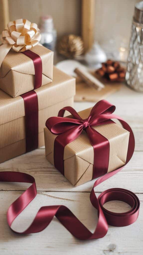 Gift boxes wrapped in brown paper with red and gold ribbons on a wooden table, perfect for holiday celebrations.