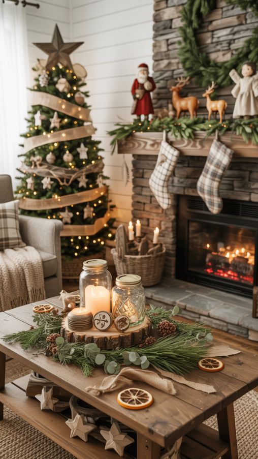 Cozy rustic living room decorated for Christmas with a tree, fireplace, and festive candles on a wooden table.