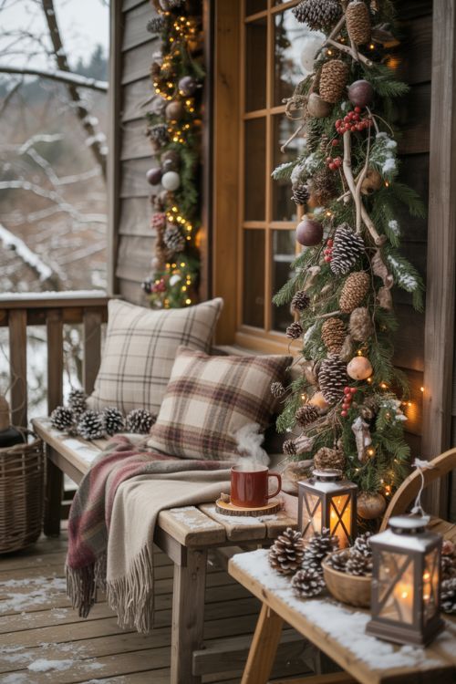 Cozy winter porch with plaid pillows, blankets, and festive pine garland. Lanterns and pine cones create a warm holiday ambiance.