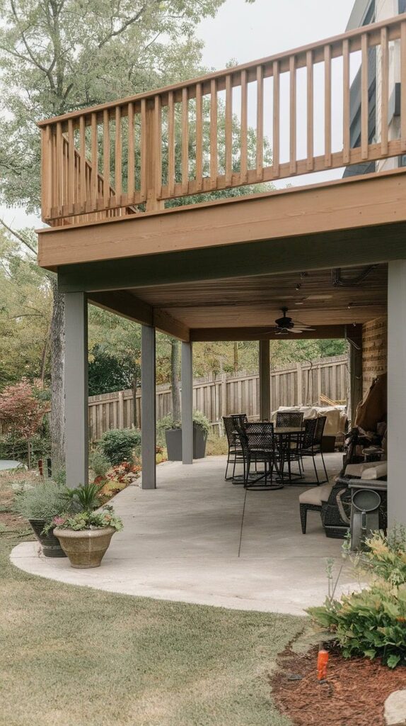 Covered patio with garden furniture, under wooden deck, surrounded by greenery and wooden fence for outdoor relaxation.