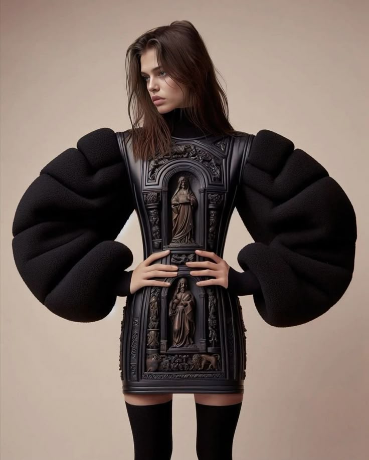 Fashion-forward woman in a sculptural black dress with dramatic sleeves and intricate designs, beige background.
