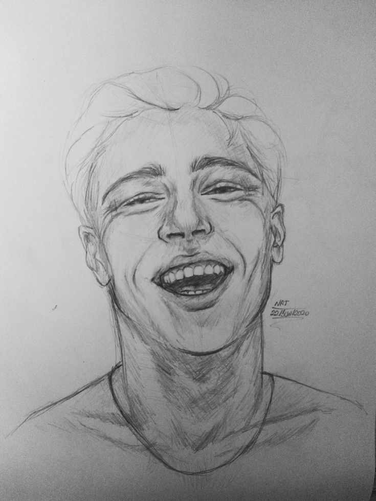Pencil sketch of a smiling person, showing expressive emotions, detailed facial features, and artistic shading techniques.