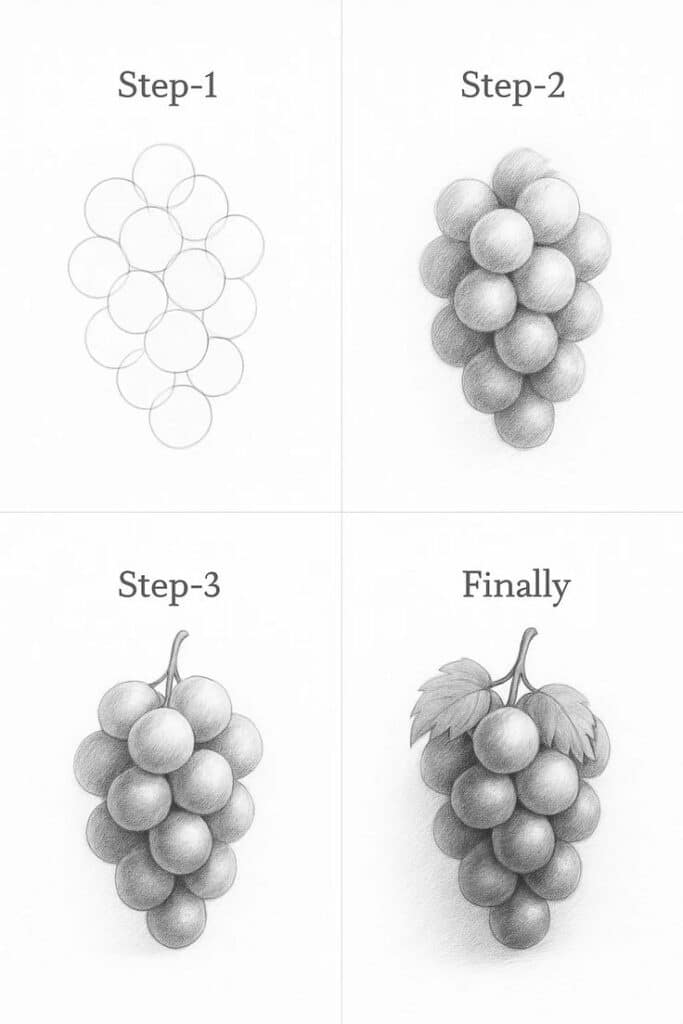 Step-by-step guide for drawing realistic grape bunch in pencil, from basic shapes to detailed shading and leaves.