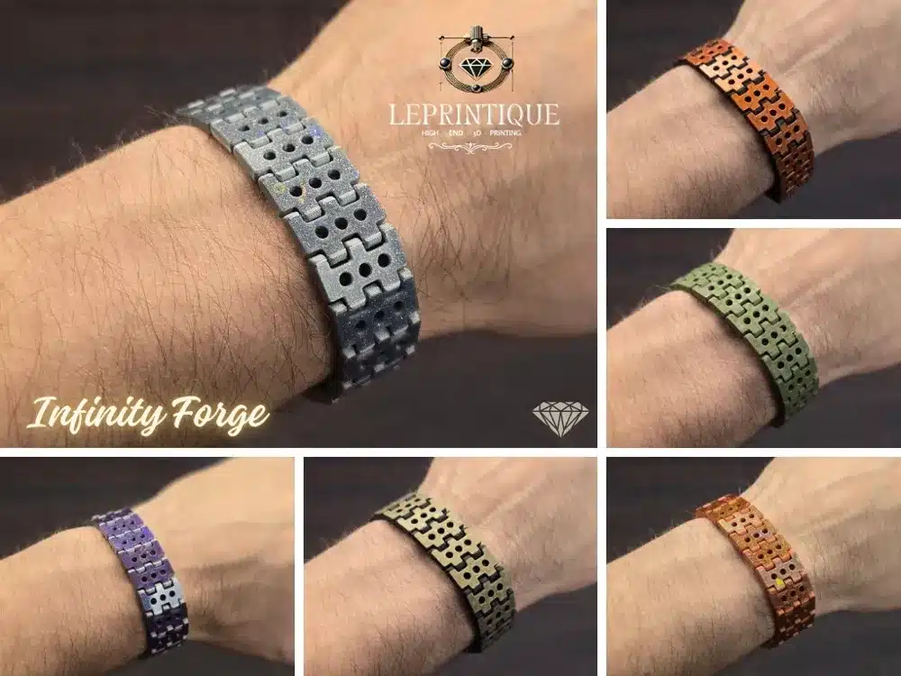 Infinity Forge 3D printed bracelets in various colors showcased on wrists by Leprintique.