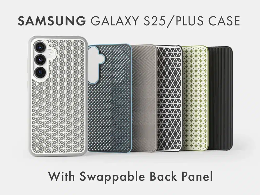 Samsung Galaxy S25/Plus case with swappable back panels in various textured designs, showcasing six styles.