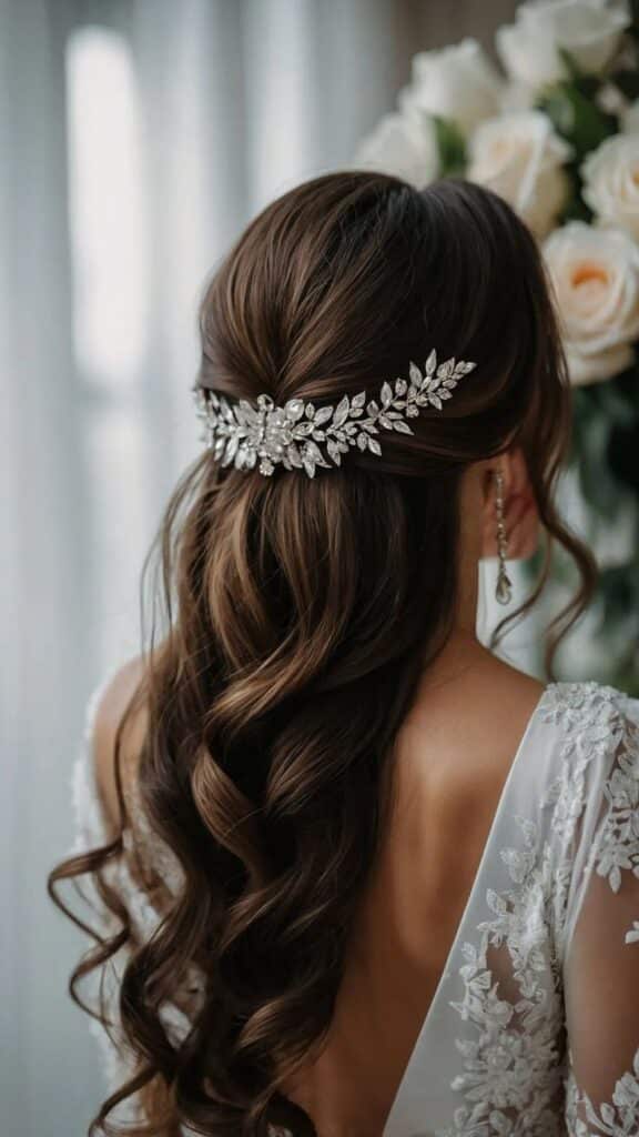 Bridal hairstyle with intricate crystal hairpiece, wavy brown hair, and lace dress, perfect for wedding inspiration.