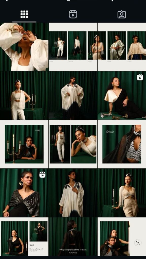 Fashion photoshoot with models in elegant outfits against a green backdrop, showcasing diverse styles and poses.