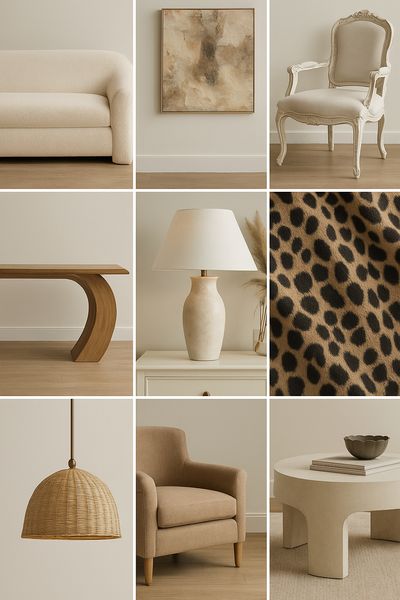 2026 Design Forecast_ The Future of Stylish Living 1 Collage of neutral-toned modern furniture and decor, including chairs, table, lamp, and textured designs. | Sky Rye Design Collage of neutral-toned modern furniture and decor, including chairs, table, lamp, and textured designs.