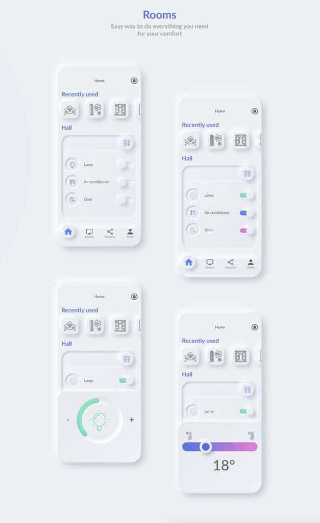Smart home control app interface with lighting and temperature adjustments for user comfort.
