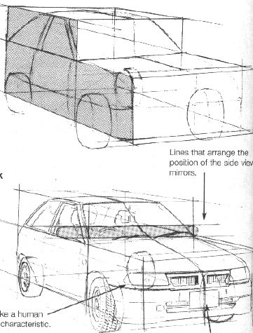 20519ad433667dcfa491ff928188eef7 Sketch of a car design showing two perspectives with guidelines for side view mirror placement and overall structure. | Sky Rye Design Sketch of a car design showing two perspectives with guidelines for side view mirror placement and overall structure.