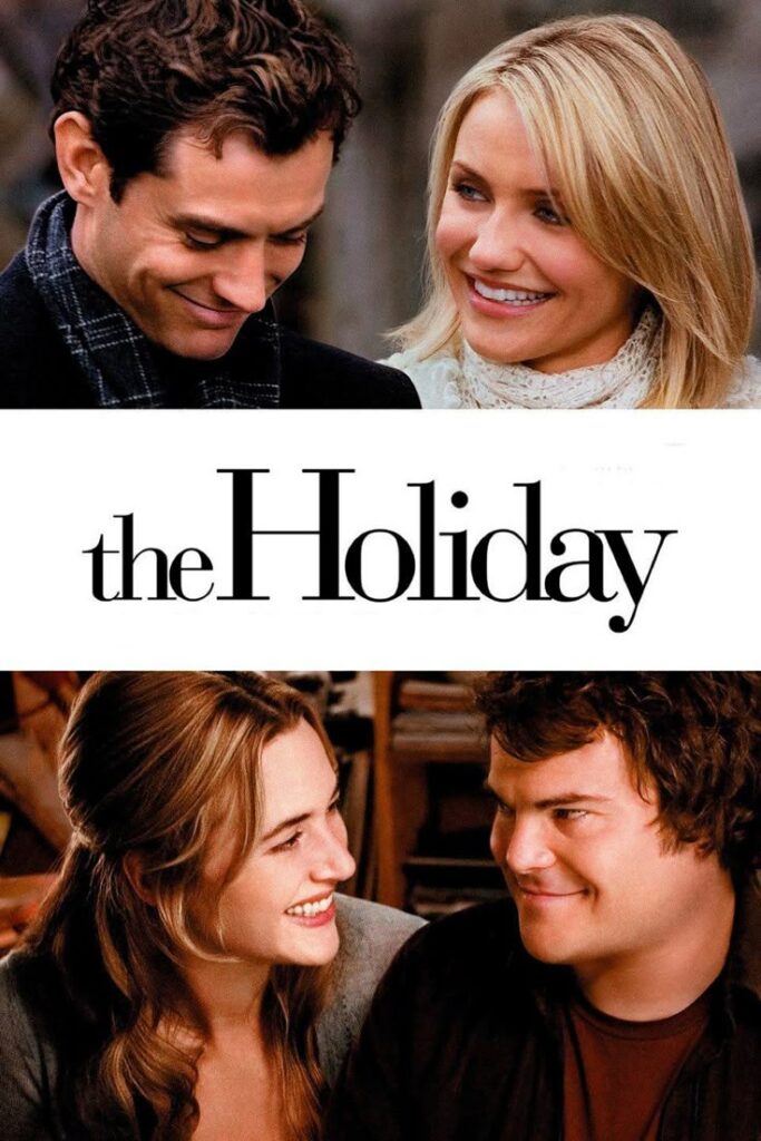 Romantic movie poster for The Holiday featuring two smiling couples in cozy settings.