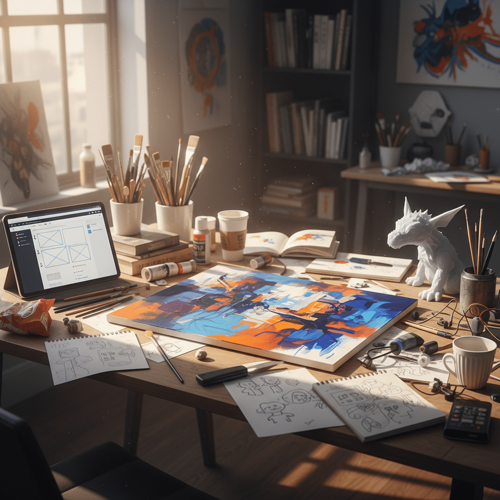 Artist's workspace with colorful abstract painting, sketches, brushes, coffee, and tablet in bright sunlight.