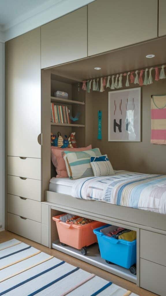 207ab402091fa14882b7718eca9bdecc Modern kids' room with built-in storage, cozy bed, books, and colorful decor elements for a stylish space. | Sky Rye Design Modern kids' room with built-in storage, cozy bed, books, and colorful decor elements for a stylish space.