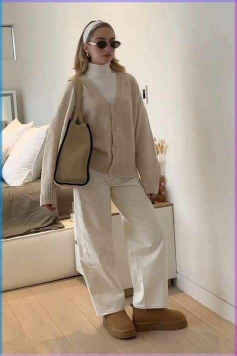 Stylish woman in beige cardigan and white pants, accessorizing with sunglasses and headband in a modern bedroom.