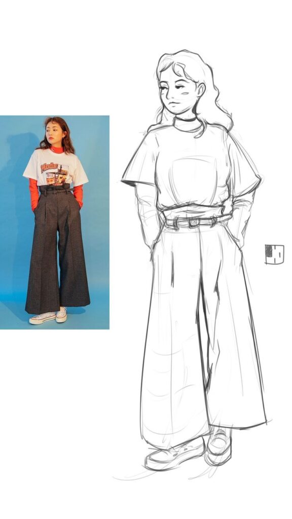 Fashion sketch and photo of a woman in wide-leg pants and graphic tee against a blue background.