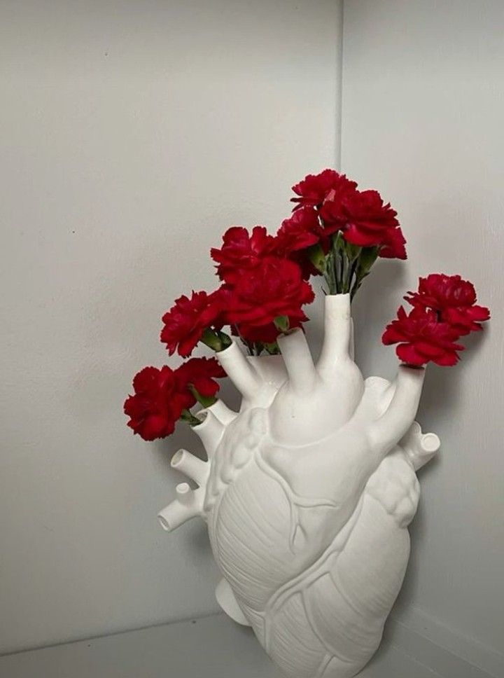 20d492bb-fd8b-48f4-a992-17713f25a766 White anatomical heart vase with vibrant red flowers against a plain background. | Sky Rye Design White anatomical heart vase with vibrant red flowers against a plain background.