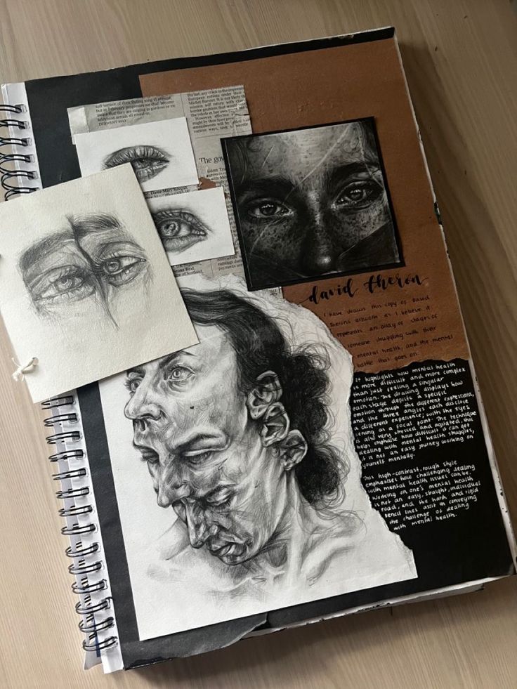 Sketchbook artwork with detailed eyes and abstract faces, showcasing a blend of pencil sketches and collage elements.