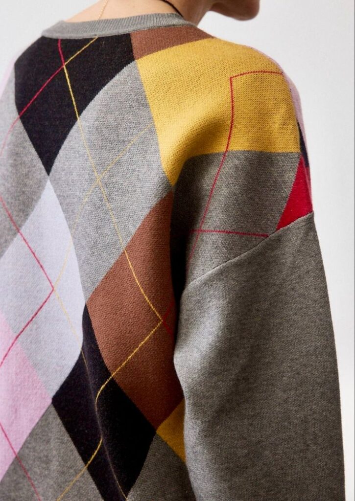 _ 21 Colorful argyle pattern sweater close-up, featuring geometric shapes and vibrant colors. | Sky Rye Design Colorful argyle pattern sweater close-up, featuring geometric shapes and vibrant colors.