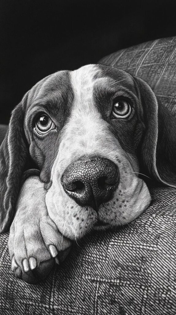 Close-up of a beagle resting on a sofa, gazing intently with soulful eyes against a dark background.