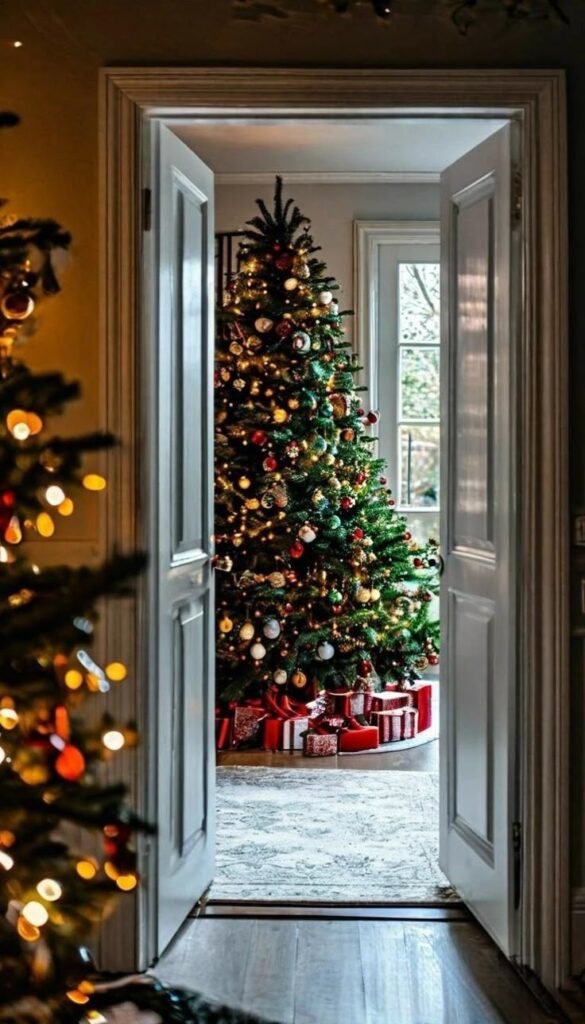 _ 21 Festive Christmas tree with ornaments and lights, viewed through open doors, surrounded by wrapped presents. | Sky Rye Design Festive Christmas tree with ornaments and lights, viewed through open doors, surrounded by wrapped presents.