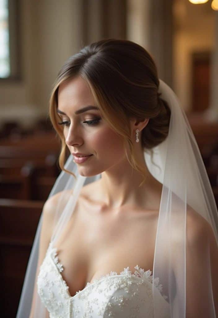 Elegant bride in lace wedding gown and veil inside a church, serene expression, ambient soft lighting.