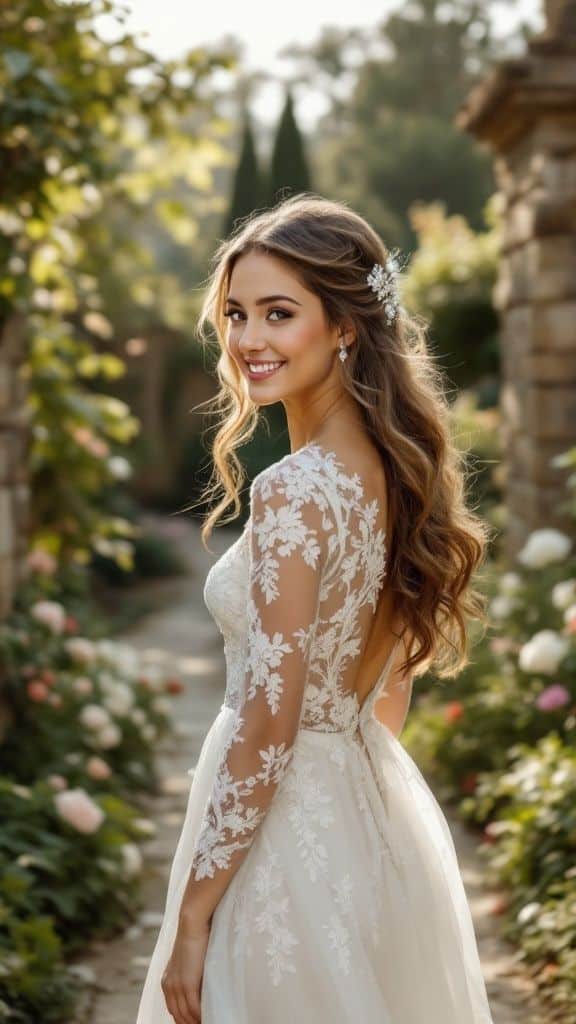 Smiling bride in lace wedding dress with floral hairpiece, in a garden path setting.