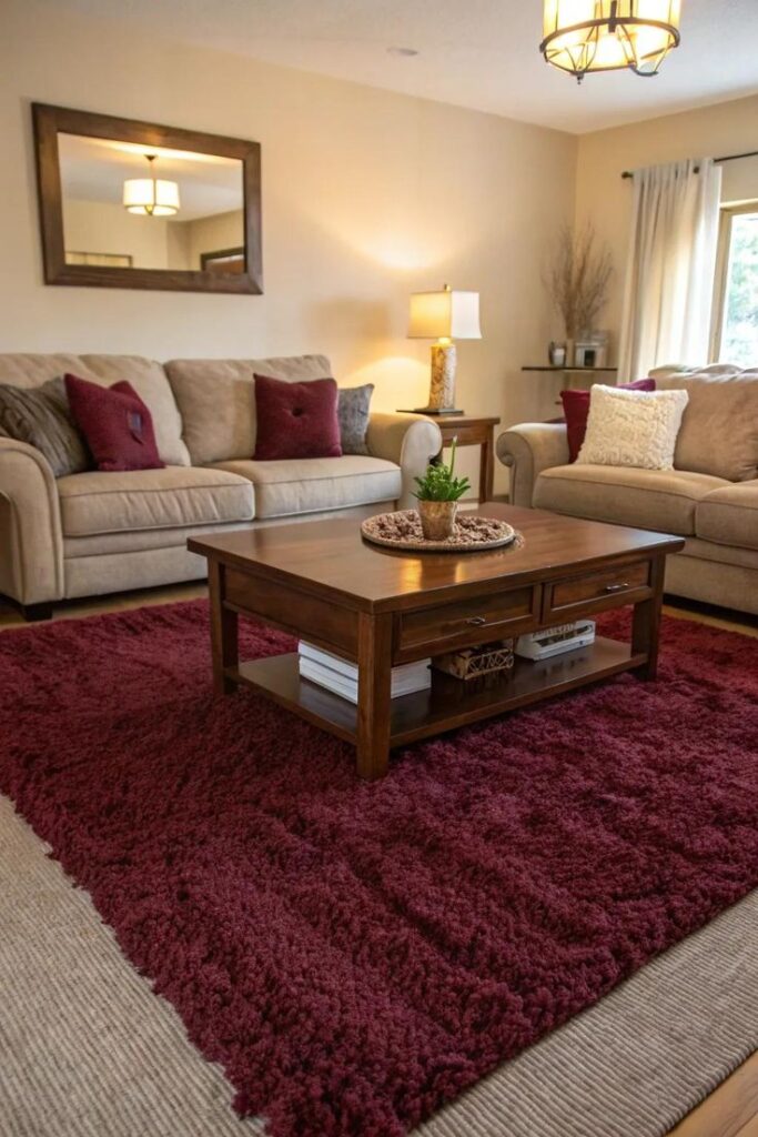 21+ Cozy Brown and Burgundy Living Room Ideas Cozy living room with beige sofas, wooden coffee table, and a plush burgundy rug under warm lighting. | Sky Rye Design Cozy living room with beige sofas, wooden coffee table, and a plush burgundy rug under warm lighting.