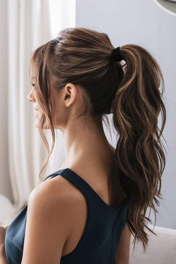 Woman with long, wavy ponytail hairstyle in a blue dress, side view, bright neutral background.